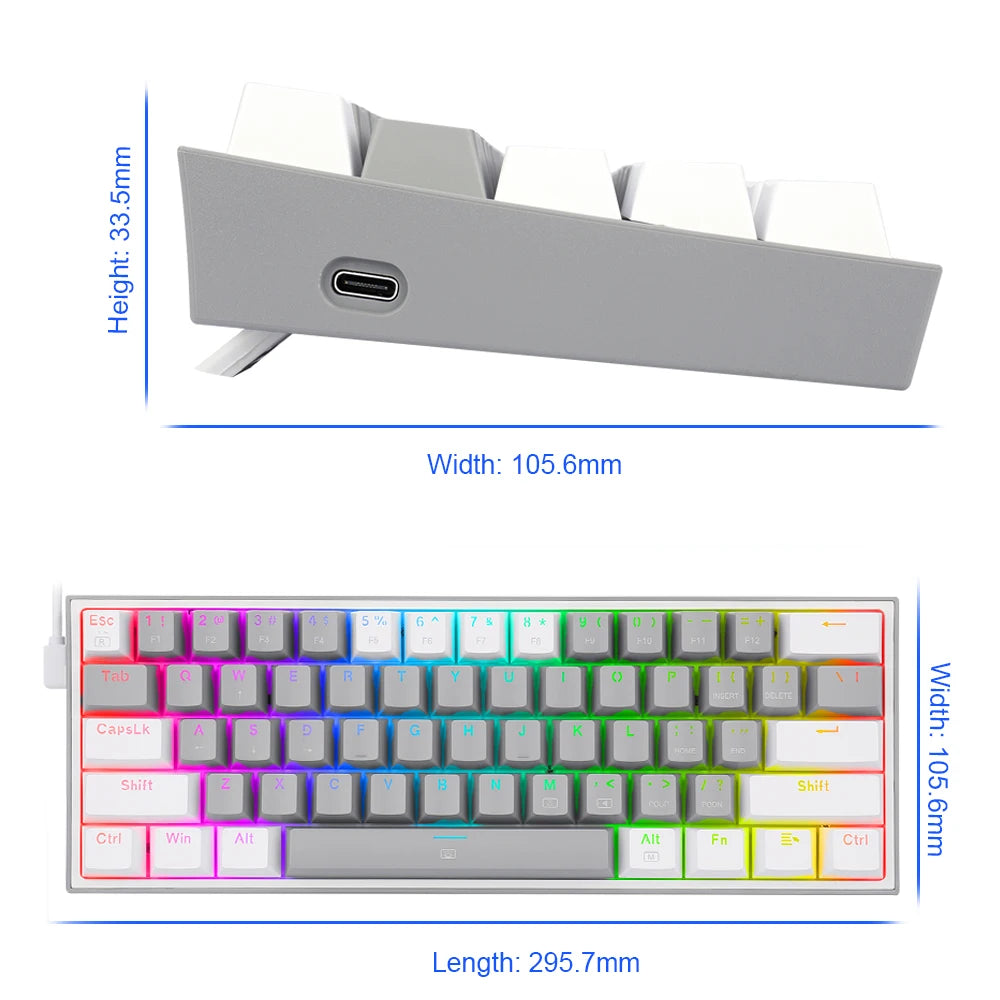 New K617 RGB USB Mini Mechanical Gaming Keyboard Red Switch 61 Keys Wired detachable cable,portable for travel