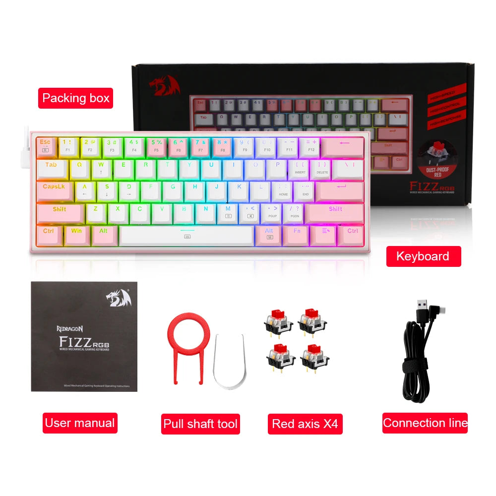 New K617 RGB USB Mini Mechanical Gaming Keyboard Red Switch 61 Keys Wired detachable cable,portable for travel