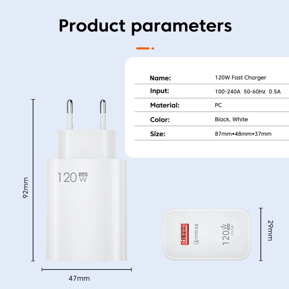 120W USB Fast Charger Quick Charge 3.0 USB C Cable Type C Charge Cable Phone Charger Adapter for iPhone 14 Xiaomi Samsung Huawei