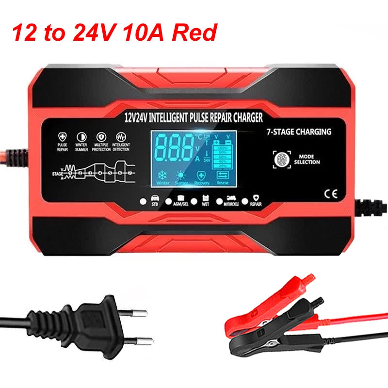 12V 24V 12A 10A Battery Charger Smart Fast Charging for Car Batteries 7-Stage Charge Pulse Repair for AGM GEL WET Lead Acid