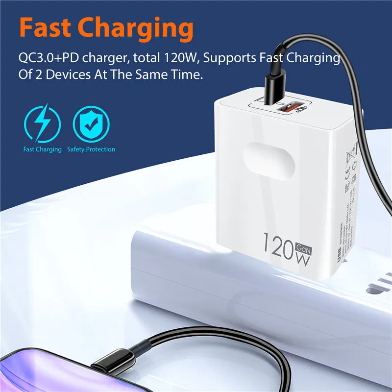 120W Fast Charger USB Type C PD Cable Fast Charging Quick Charge 3.0 Adapter For iPhone Xiaomi Samsung Oneplus Pixel Cellphones