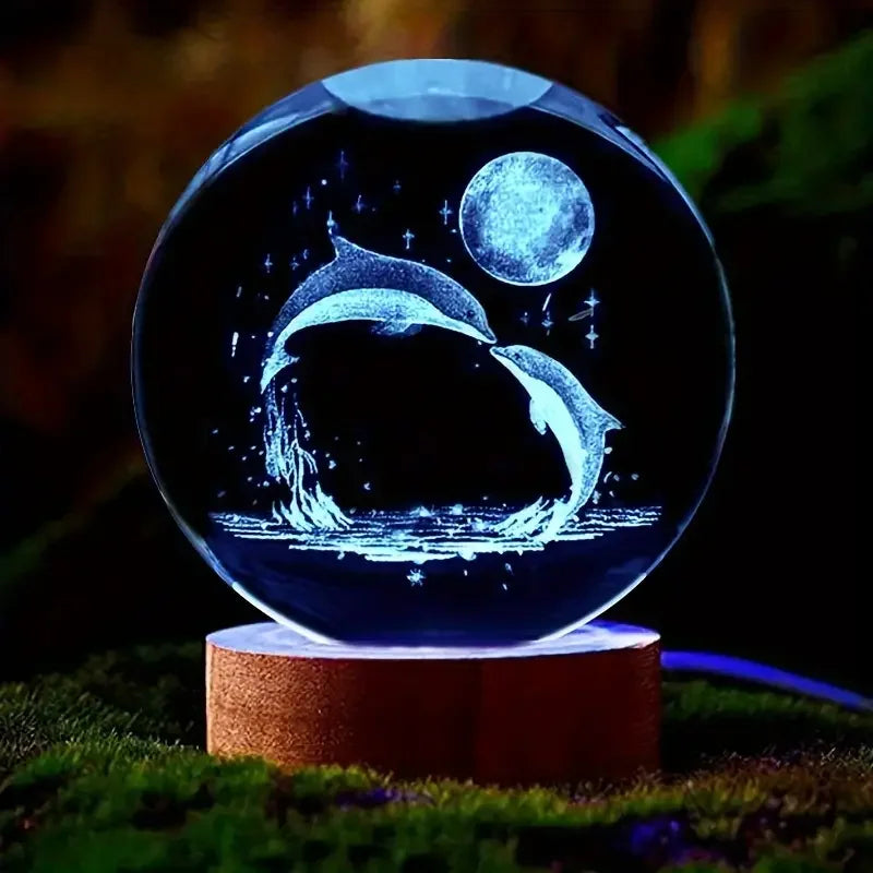 1pc 3D Dolphin Moon crystal ball, birthday gift to wife friend 3D laser etched Marine animal indoor statue lamp decoration