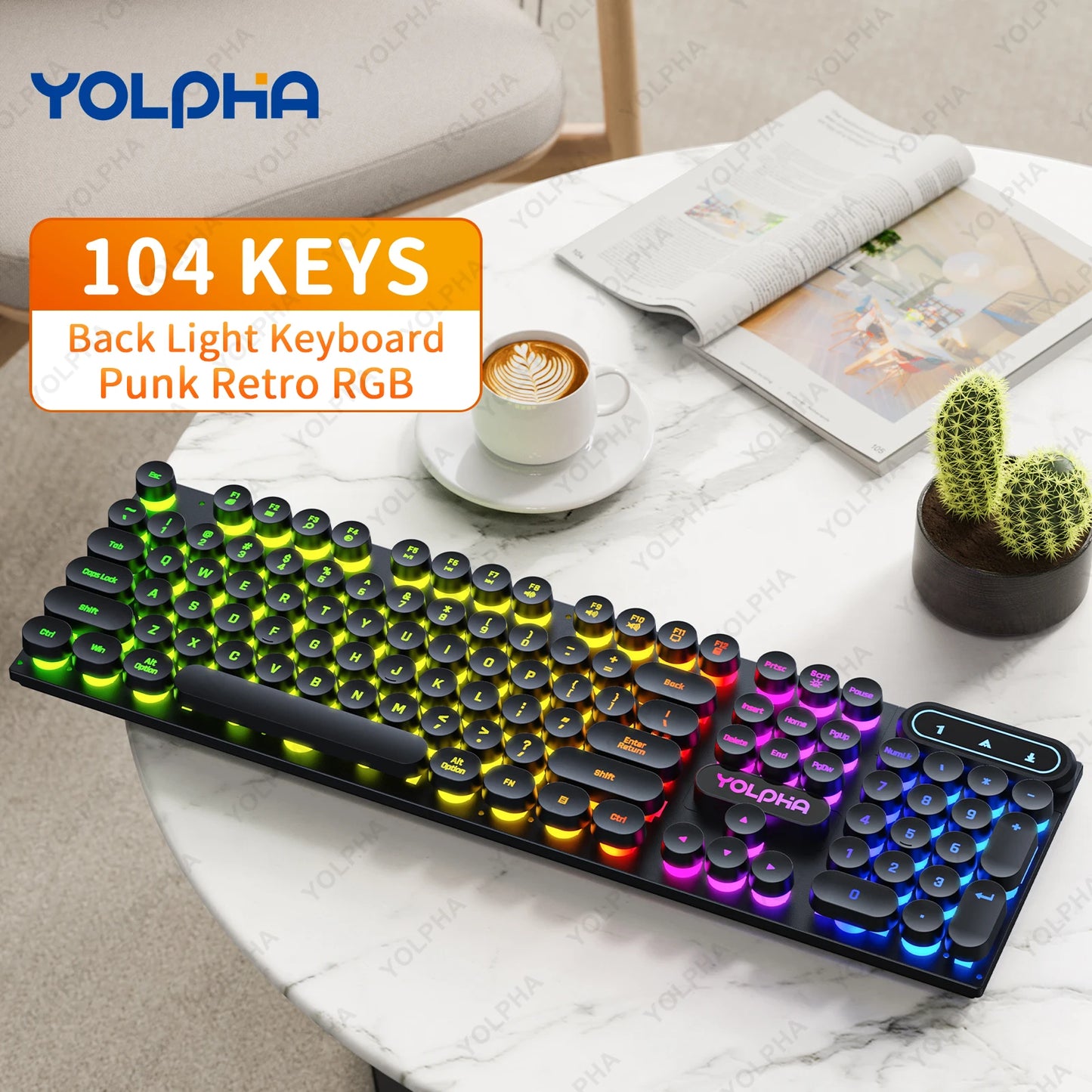 104keys Punk Retro Keyboard Rainbow Backlight Wired Keyboard RGB Backlit Breathing Light Gaming Ergonomic Keyboard for Office PC