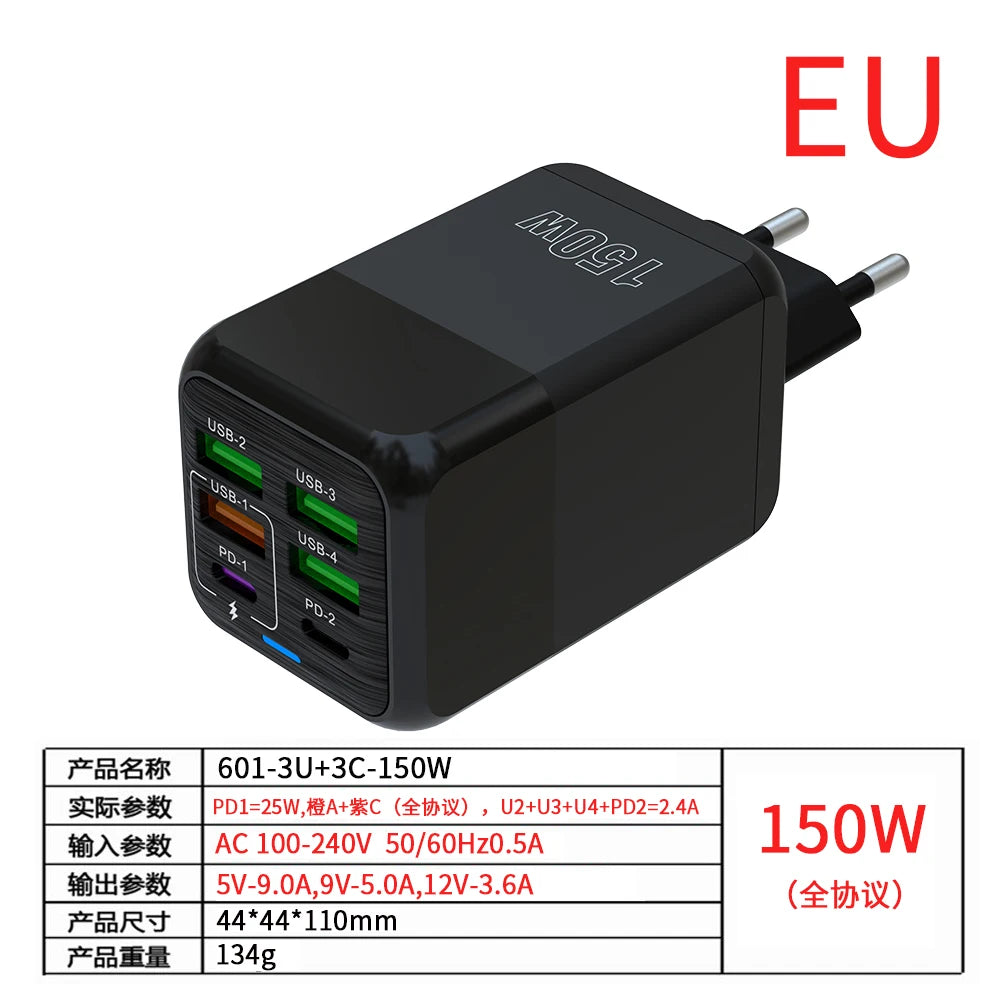 150W 6 Ports Pd QC 4.0 Usb C Fast Charger Wall Adapter Super Fast Charging For Iphone Samsung Ipad Xiaomi Huawei Oneplus Oppo