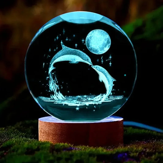 1pc 3D Dolphin Moon crystal ball, birthday gift to wife friend 3D laser etched Marine animal indoor statue lamp decoration