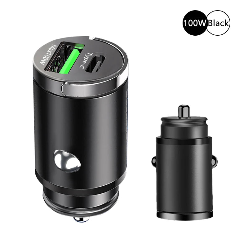 100W Mini Car Charger Lighter Fast Charging for iPhone QC3.0 Mini PD USB Type C Car Phone Charger for Xiaomi Samsung Huawei