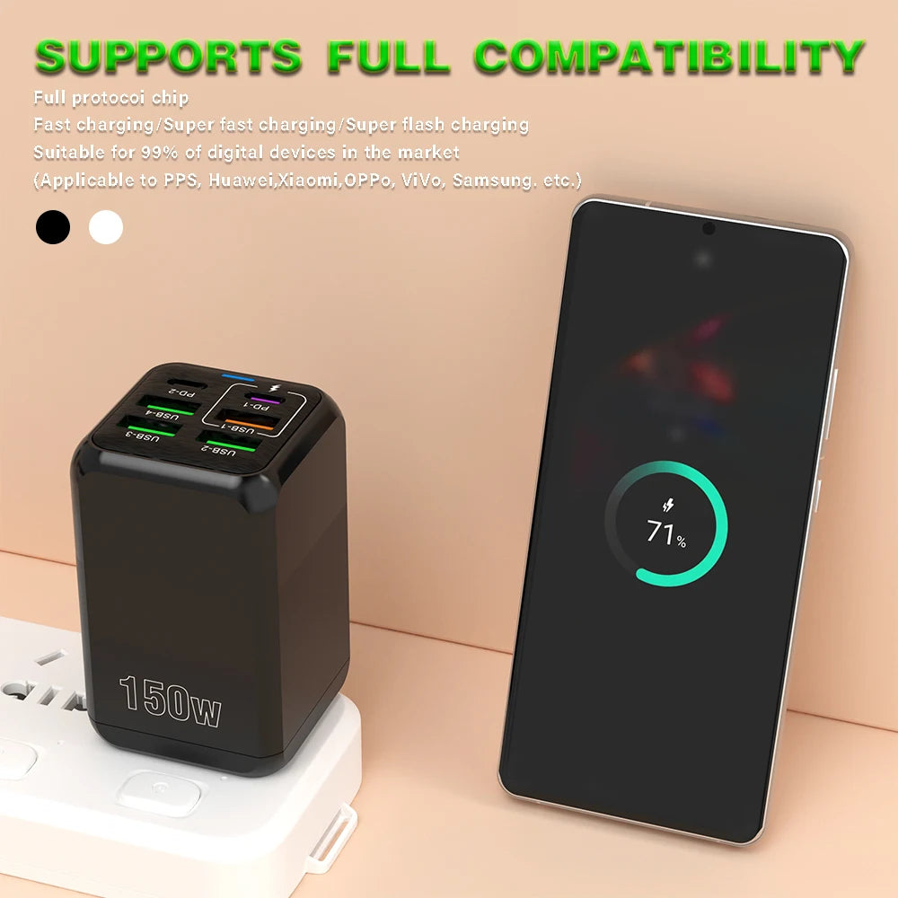 150W 6 Ports Pd QC 4.0 Usb C Fast Charger Wall Adapter Super Fast Charging For Iphone Samsung Ipad Xiaomi Huawei Oneplus Oppo