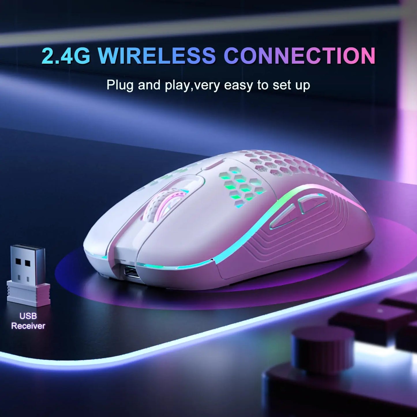 2.4G Wireless Gaming Mouse RGB Lighting Charging Mouse  with Adjustable DPI Ergonomic Honeycomb Design for Desktop Laptop