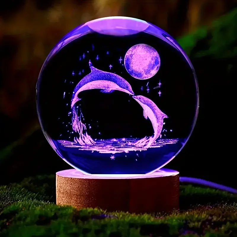 1pc 3D Dolphin Moon crystal ball, birthday gift to wife friend 3D laser etched Marine animal indoor statue lamp decoration