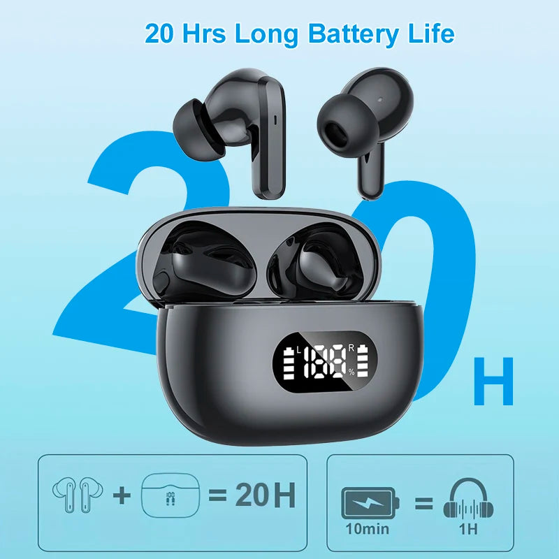 Wireless Earphone 40dB Noise Cancelling Bluetooth 5.3 Headphone 6 Mic ENC with LED Display HD Call TWS Earbuds Transparency Mode