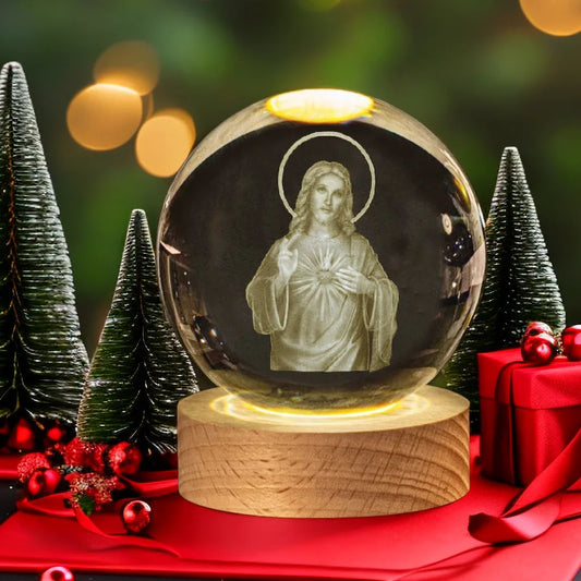 Unique Jesus 3D Crystal Ball Night Light with Wooden LED Base, Creative 3D Carved Crystal Ball Wholesale Craft Gift, Perfect for